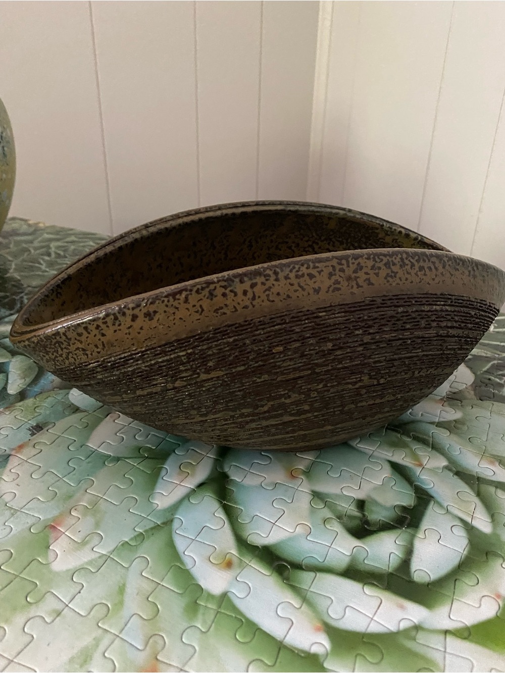 Vintage Japanese Ceramic Decorative Bowl in Olive Brown
